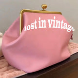 LOST IN VINTAGE Artificial Leather Soild Bag Large Balls Kiss-lock Large Big Clutch Handbag Proudly Carried In Hand 35x30x20cm