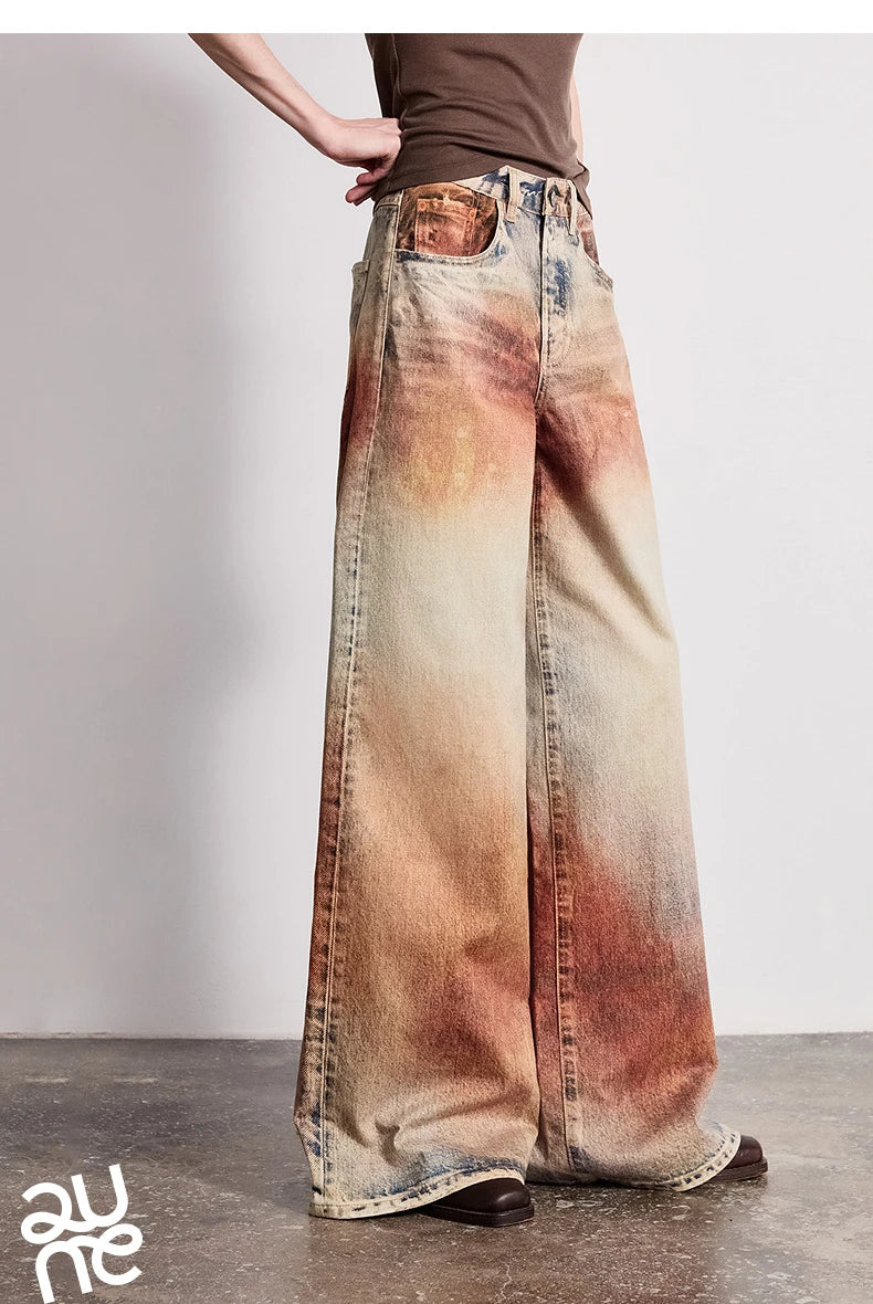 TOYOUTH Women Jeans 2026 Spring New Wilderness Wasteland Style Mid Low Waist Loose Printed Wide Leg Pants