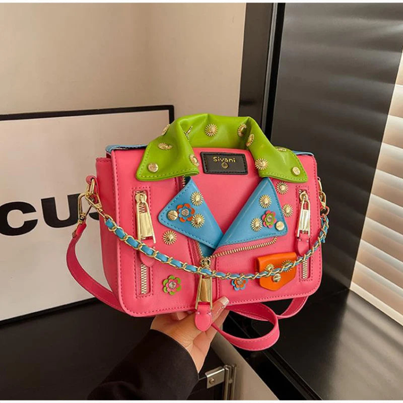 Jacket Collar Shaped Crossbody Shoulder Bag,Women Metal Flower Studded Handbag ,Niche Designer Streetwear Fashion Rivet Tote Bag
