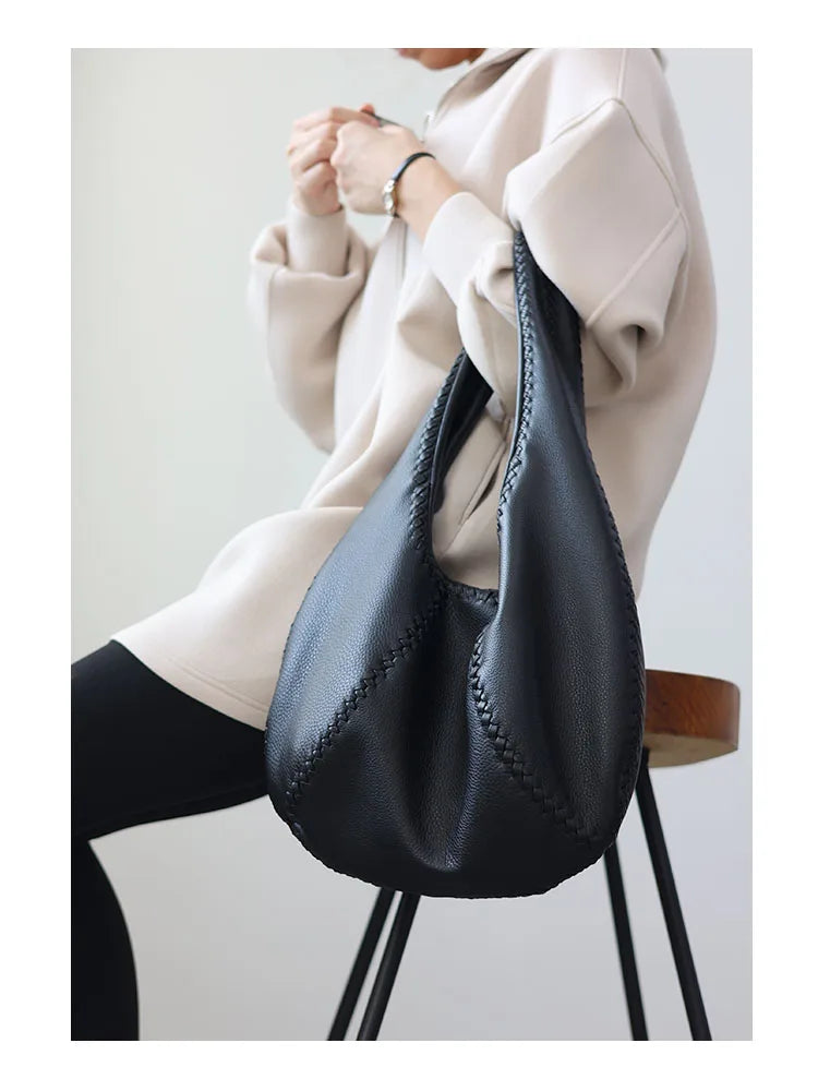 JAZZQ Soft Cowhide Leather Hobo Tote | Hand-Woven Detail
