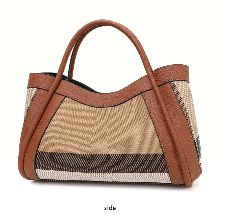 Aidrani  New retro checkered women's handbag, large capacity luxury bag, canvas genuine leather bag