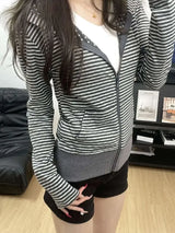 Y2K Vintage Zipper Hoodie Women Long Sleeve Subculture Purple Stripe Priint Harajuku Style Autumn Spting Casual Tops Streetwear