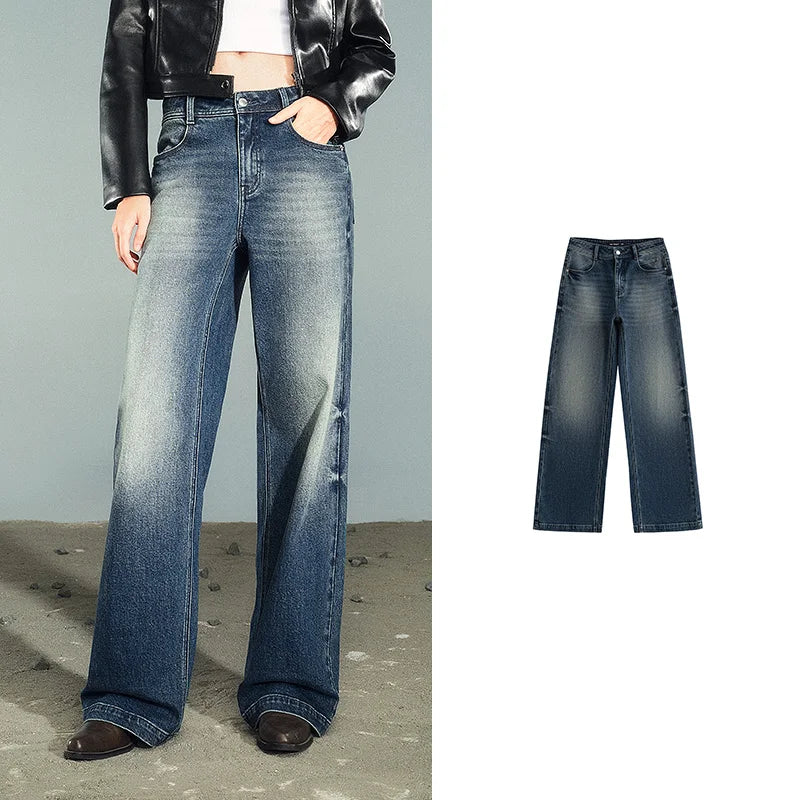 TOYOUTH Women Denim Jeans 2025 Autumn New Lycra Stretch Washed Wide Leg Straight Long Pants