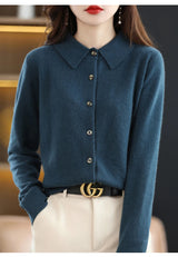Polo Collar Spun Wool Cardigan – Elegant Single-Breasted Knit Jacket