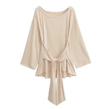 Sheer Oversized Off-Shoulder Long Sleeve Tee | Back Ribbon Detail