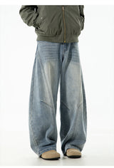 Autumn Retro Structured Split Washed Distressed Curved Jeans with Men's Silhouette Loose Straight Leg Pants Trendy Street Style