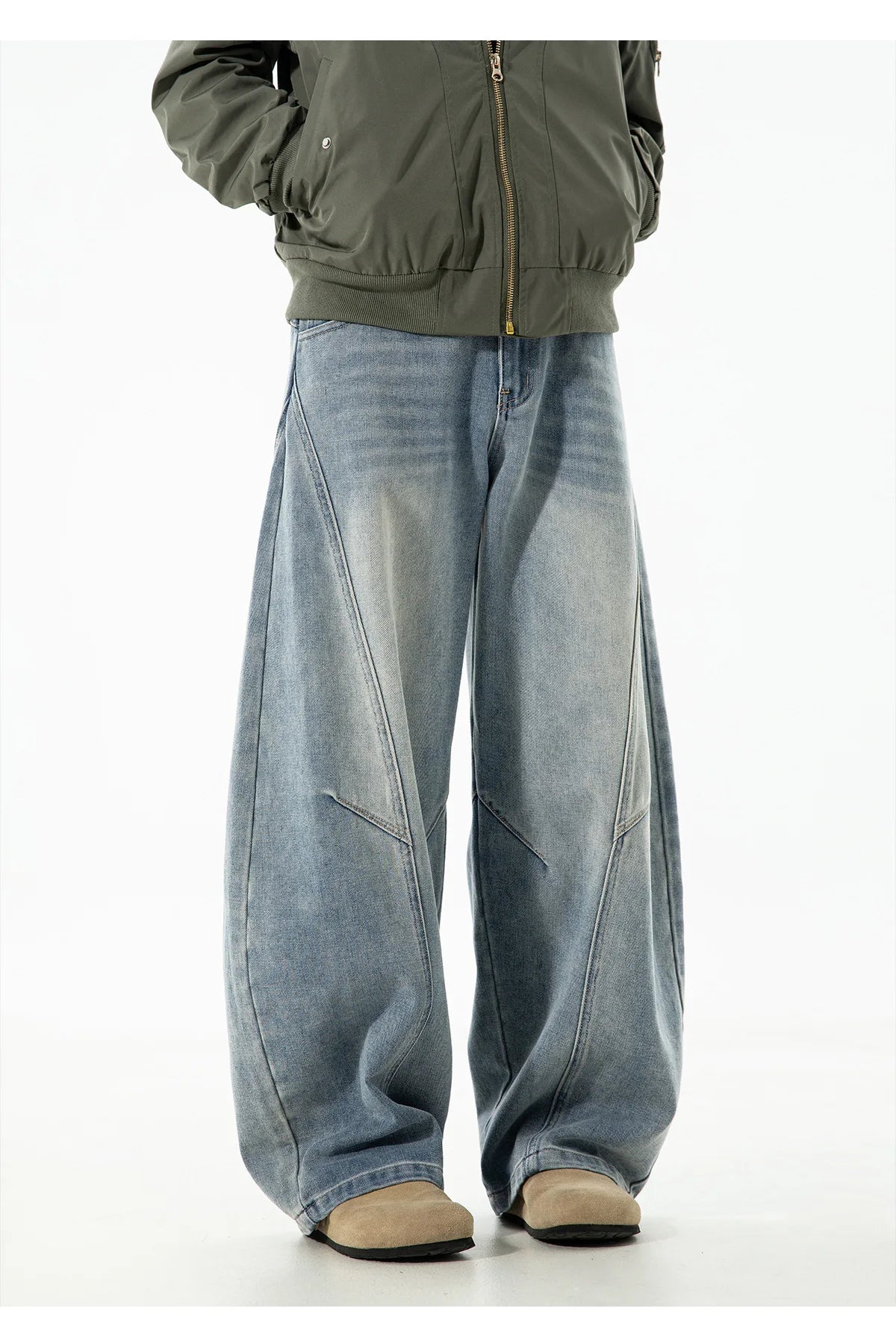 Autumn Retro Structured Split Washed Distressed Curved Jeans with Men's Silhouette Loose Straight Leg Pants Trendy Street Style