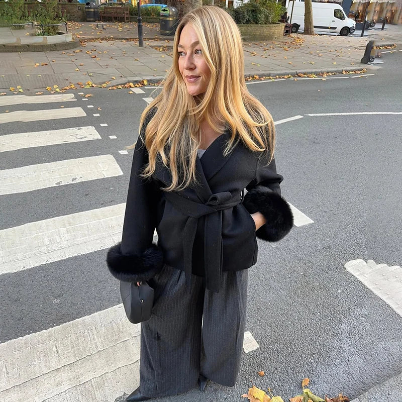 Elegant Fox Fur & Double-Sided Wool Coat