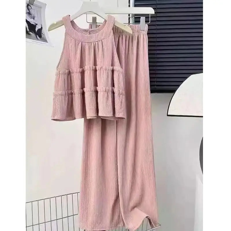 Faionable round Ne Svel Top High Waist Straight Leg Pants Women's Summer New Sle Korean Version Two-Piece Set