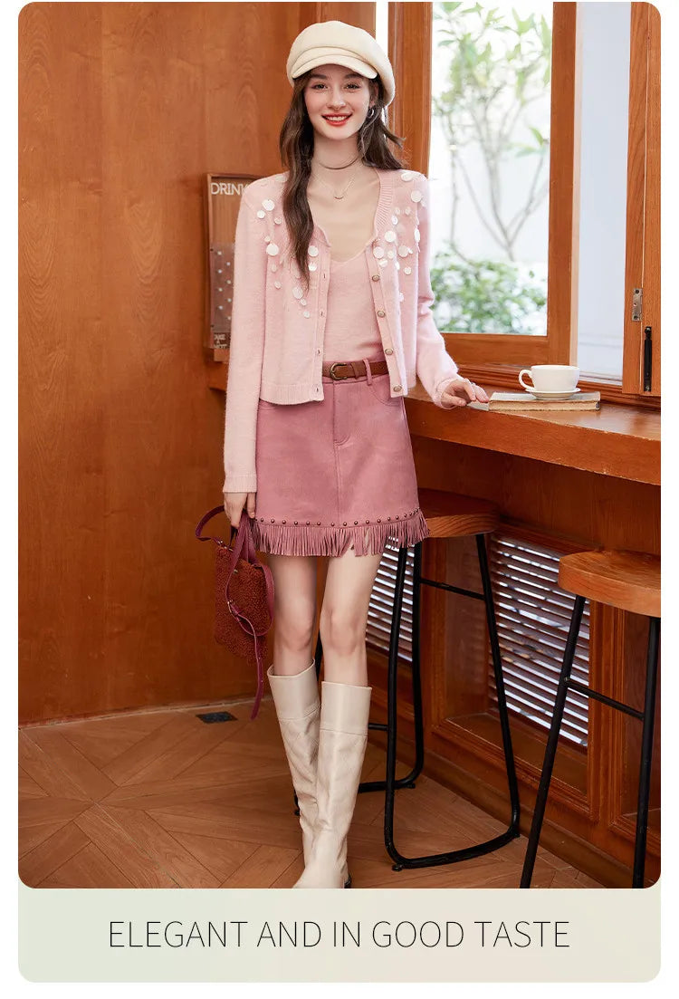 LOUIS YAO Tassels Rivet A-line Half Skirt 2025 Autumn Short Skirts Fashionable and Gentle Casual  Women's Half Skirt