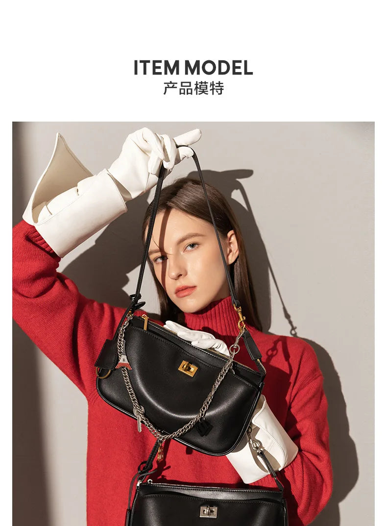 2026 Spring New Luxury Brand Women Shoulder Bags Split Leather Black Handbags Women Fashion Gold Buckle Underarm Bags