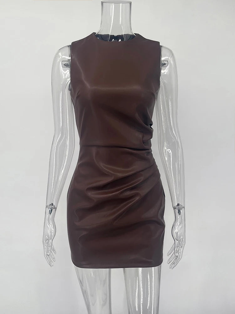 TARUXY Sleeveless Leather Dress – Ruched Slim Fit