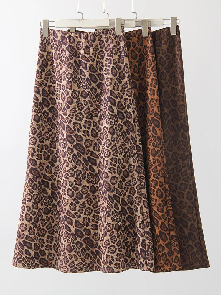 Leopard Print Suede Maxi Skirt – Women's Autumn Winter