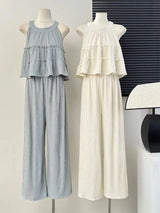Faionable round Ne Svel Top High Waist Straight Leg Pants Women's Summer New Sle Korean Version Two-Piece Set