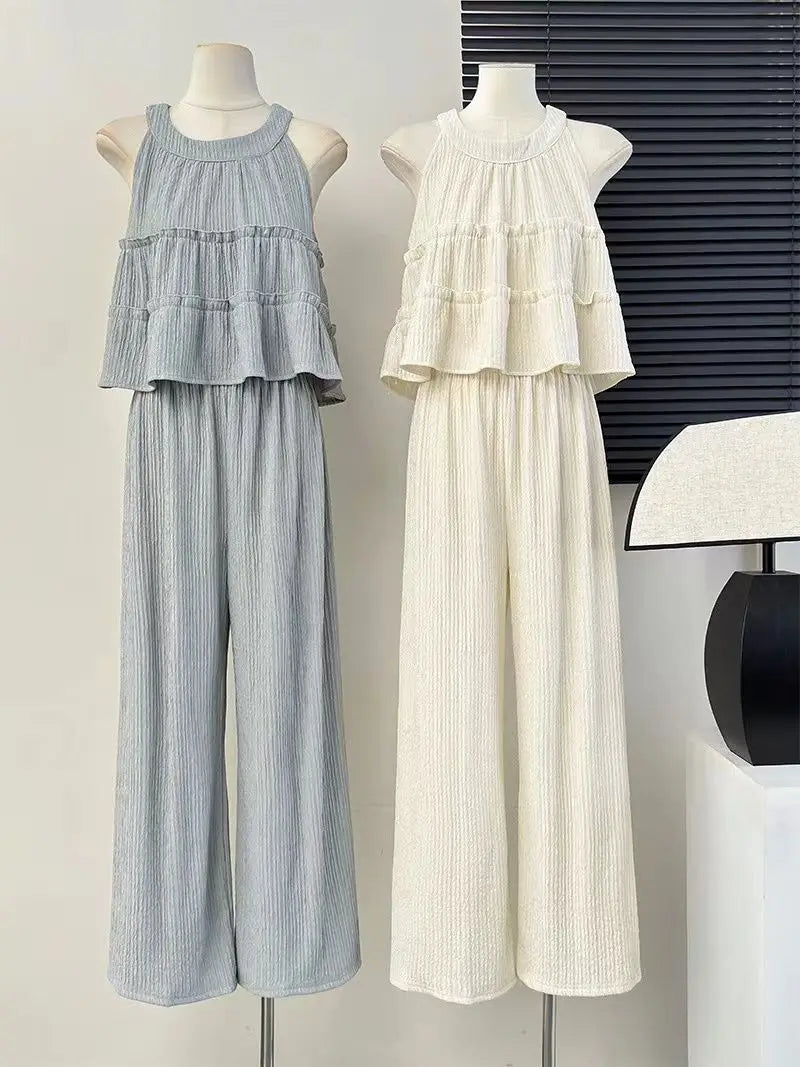 Faionable round Ne Svel Top High Waist Straight Leg Pants Women's Summer New Sle Korean Version Two-Piece Set