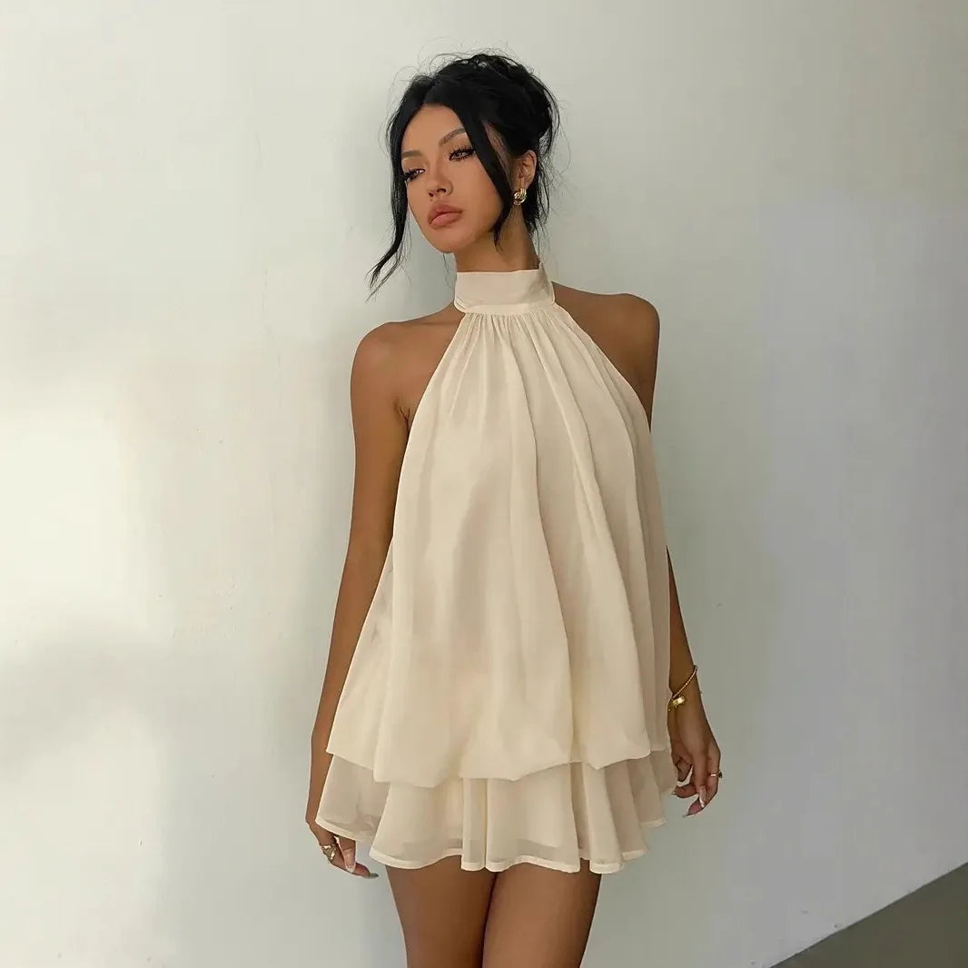 Women's Halter Neck Backless Tie-Front Mini Dress