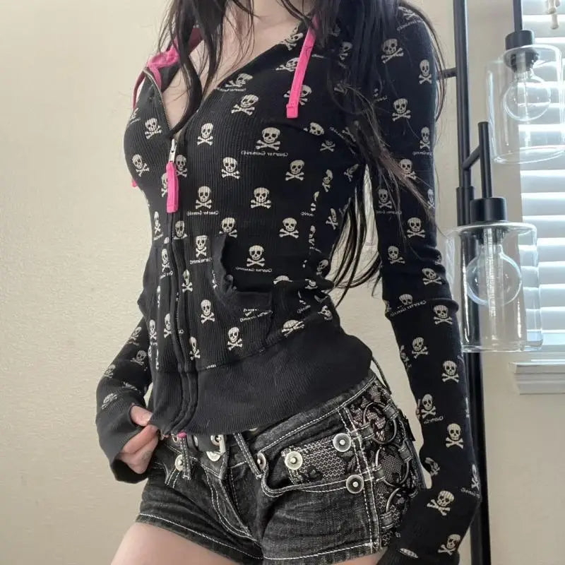Women's Vintage Skull Print Zip-Up Hoodie