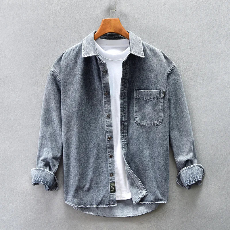 Retro American Washed Denim Jacket Loose Casual Long Sleeve Shirt for Men Autumn Fashion Urban Style Cotton Machine Washable