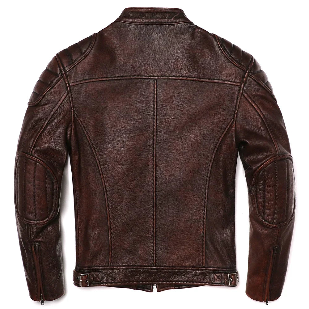 2025 Vintage Brown Genuine Leather Jacket Real Natural Cowhide Men Motorcycle Biker Coat Mens Slim Calf Skin Coat