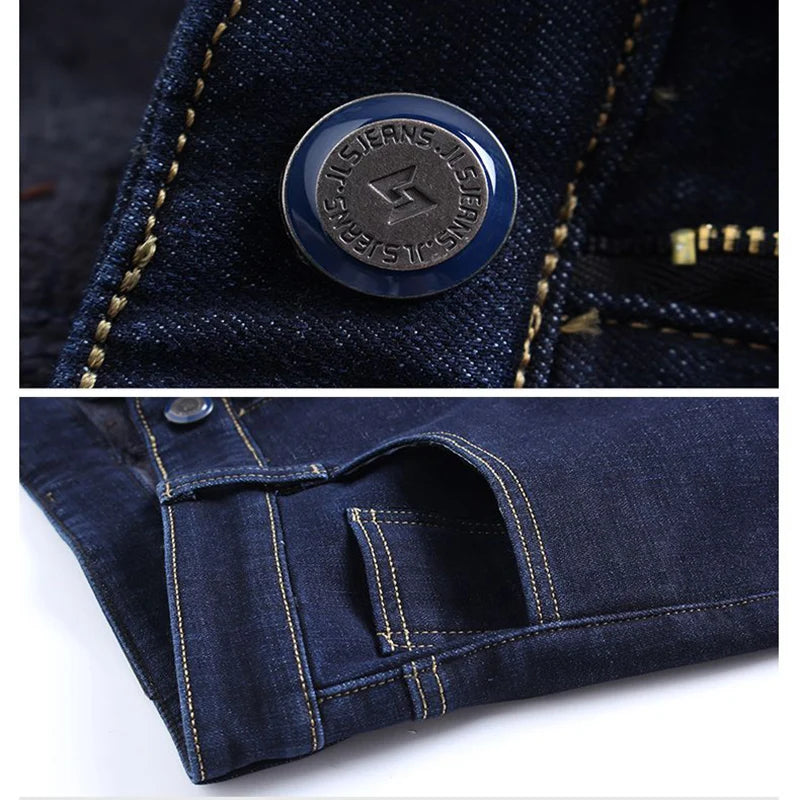 Men Autumn Winter Fleece Lined Thickened Jeans Male Business Straight Leg Loose High Waist Denim Pants Stretch Casual Trousers