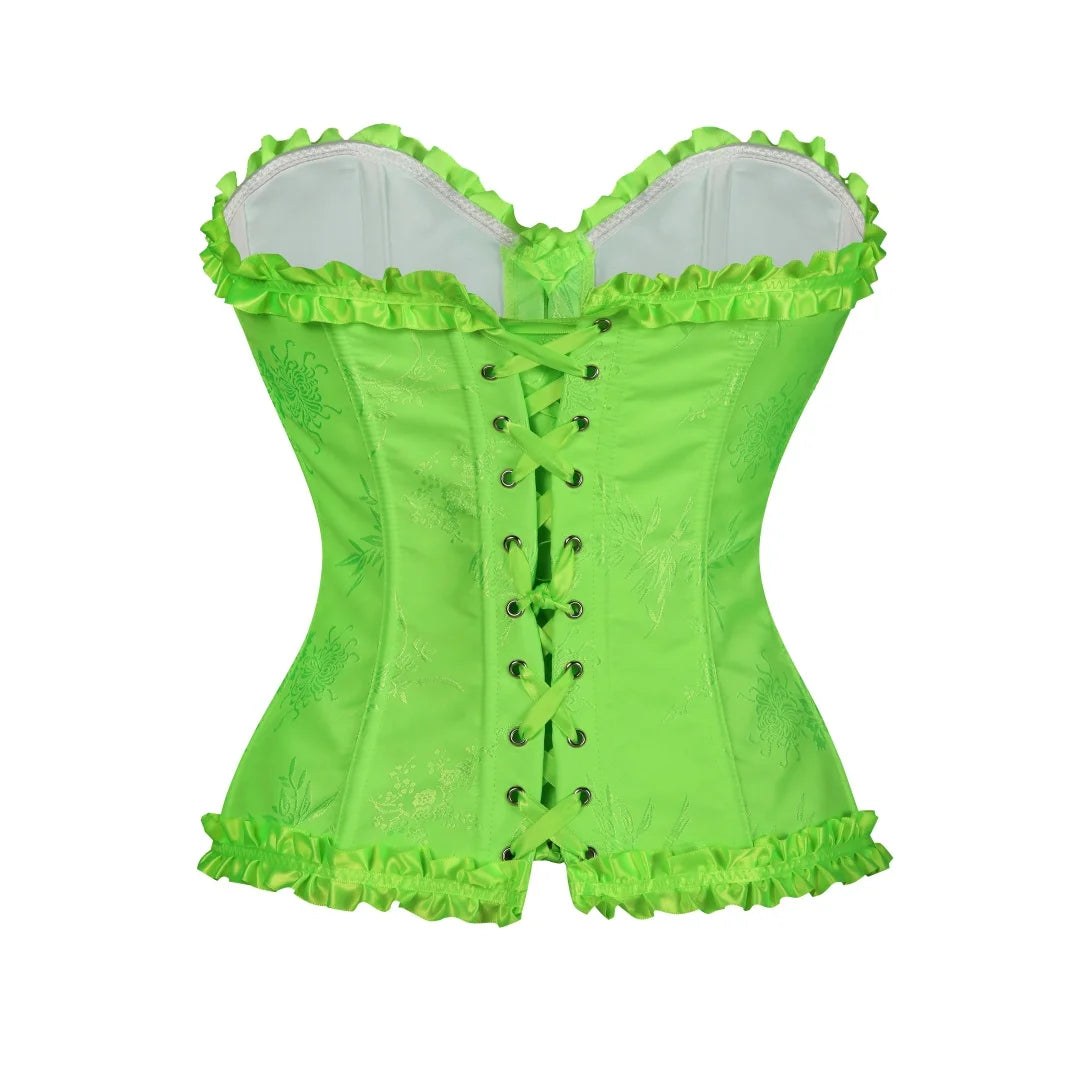 USA-Made Jacquard Ruffled Overbust Corset – Gothic Victorian Push-Up Bustier