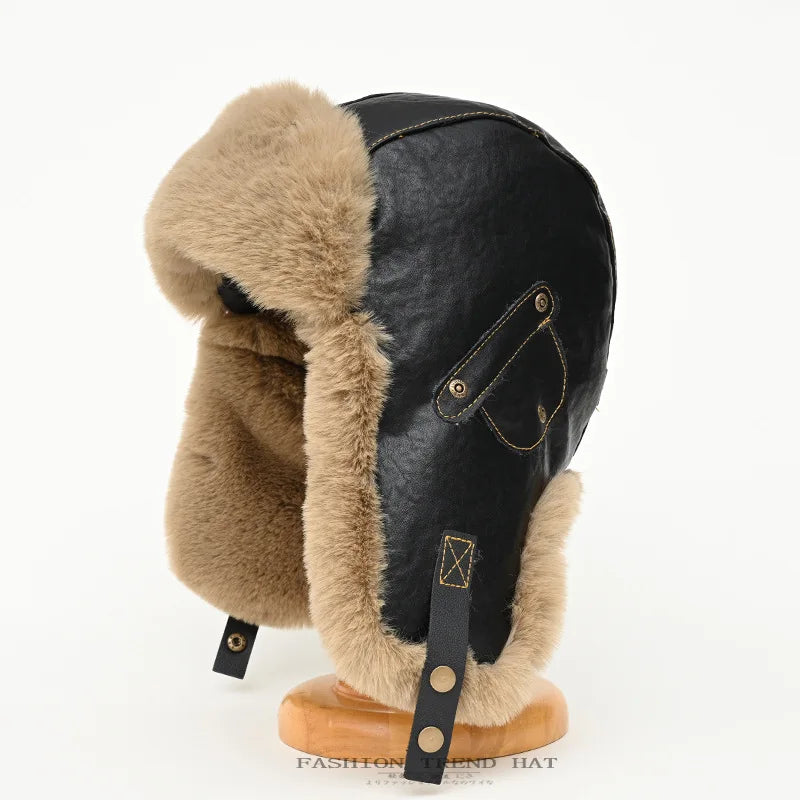 retro leather pilot hat Faux fur Bomber hat men ski cap winter hat women thickened warm ear protect hat classic riding cap털모자