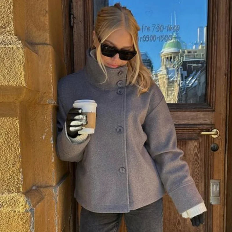 Fashion Short Woolen Coat Women Stand Collar Single-breast Full Sleeve Loose Pocket Jacket Female 2026 Autumn Solid Lady Outwear