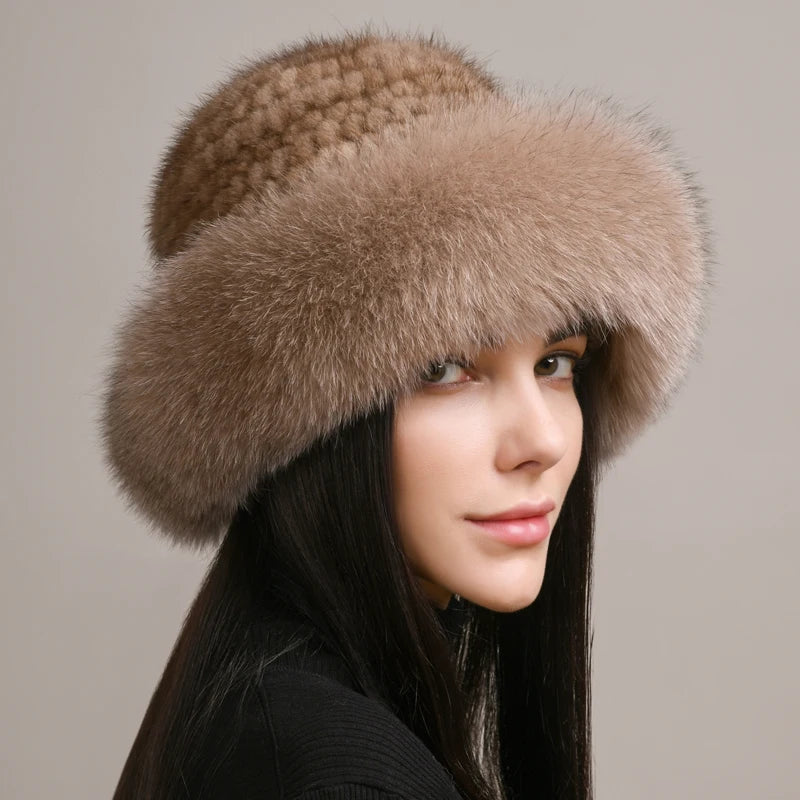 Genuine Knitted Mink Fur Hat with Fox Fur Brim