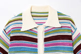 Women Patchwork Striped Hollow Out Crochet Knitted Crop Sweater Shorts Set Short Sleeve Polo Collar Sweater Knit Shorts Suit Y2K