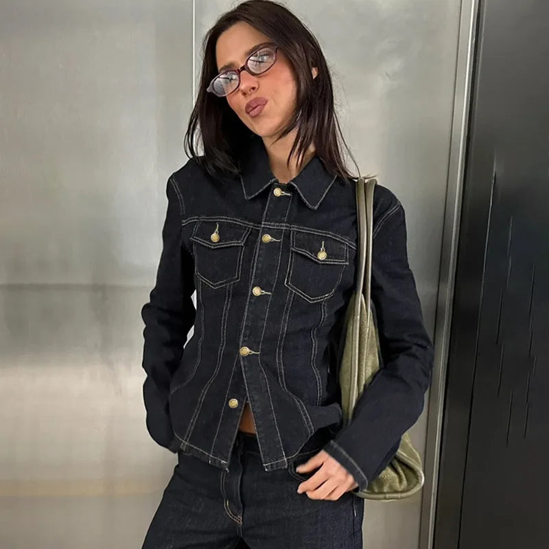 Y2K Vintage Patchwork Denim Jacket – Retro Streetwear Long-Sleeve Coat