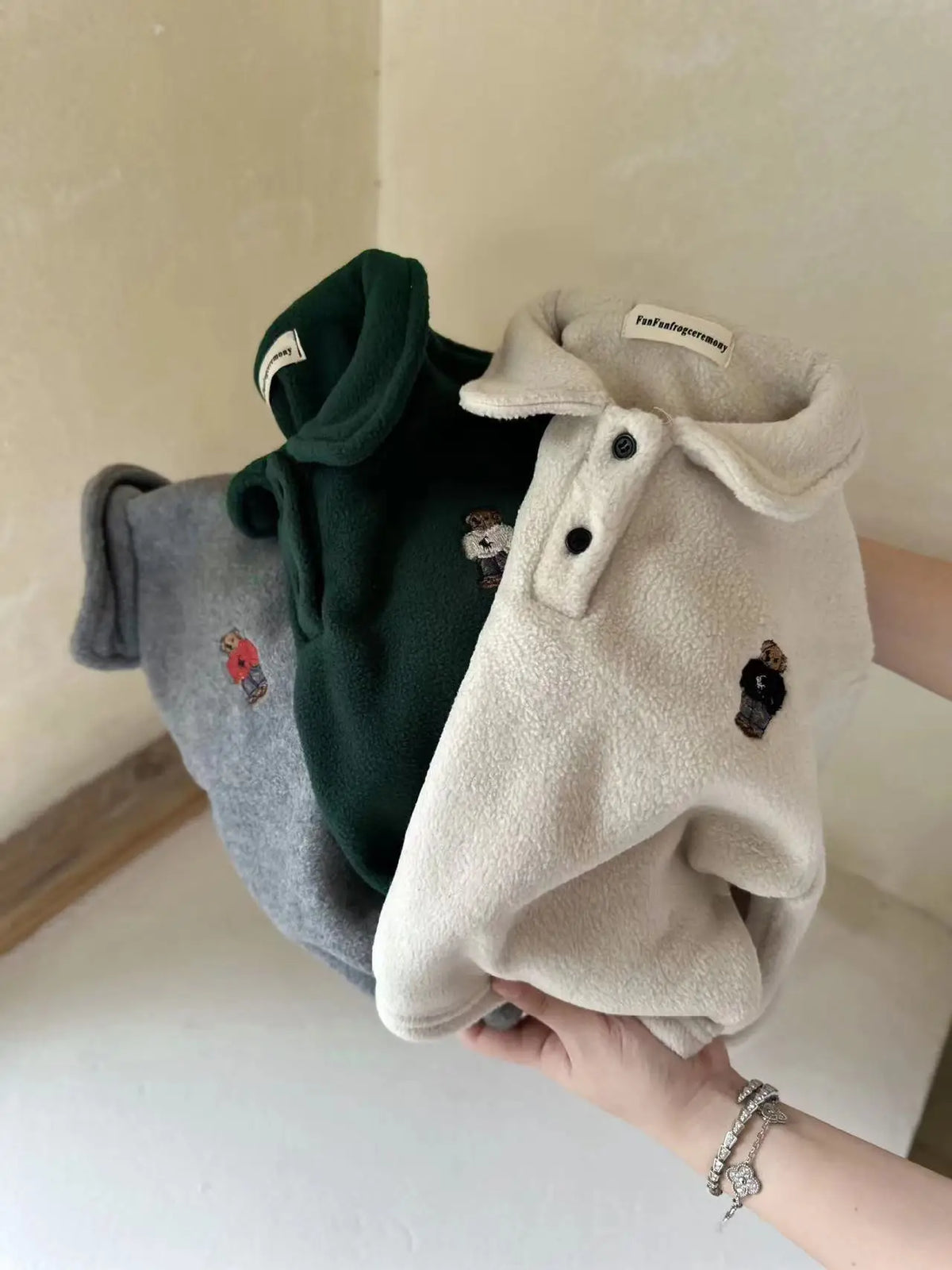 Kids' Bear Embroidered Fleece Polo Sweatshirt