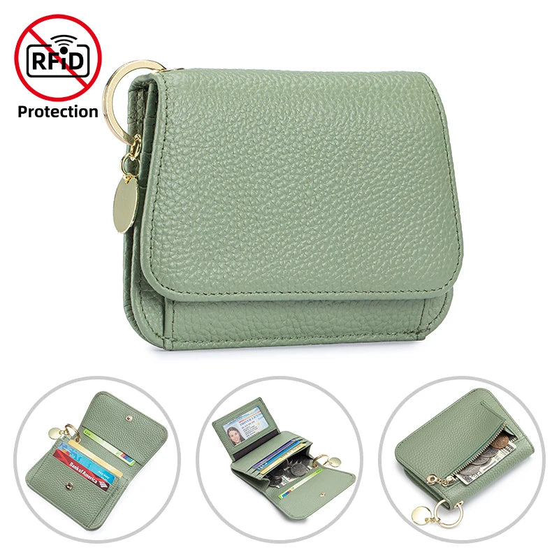Women Genuine Leather Slim TriFold Wallet Credit Card Holder With Zipper Coin Pouch, ID Window & Keychain