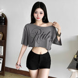 KSylCue Letter Print Off-Shoulder Crop Top