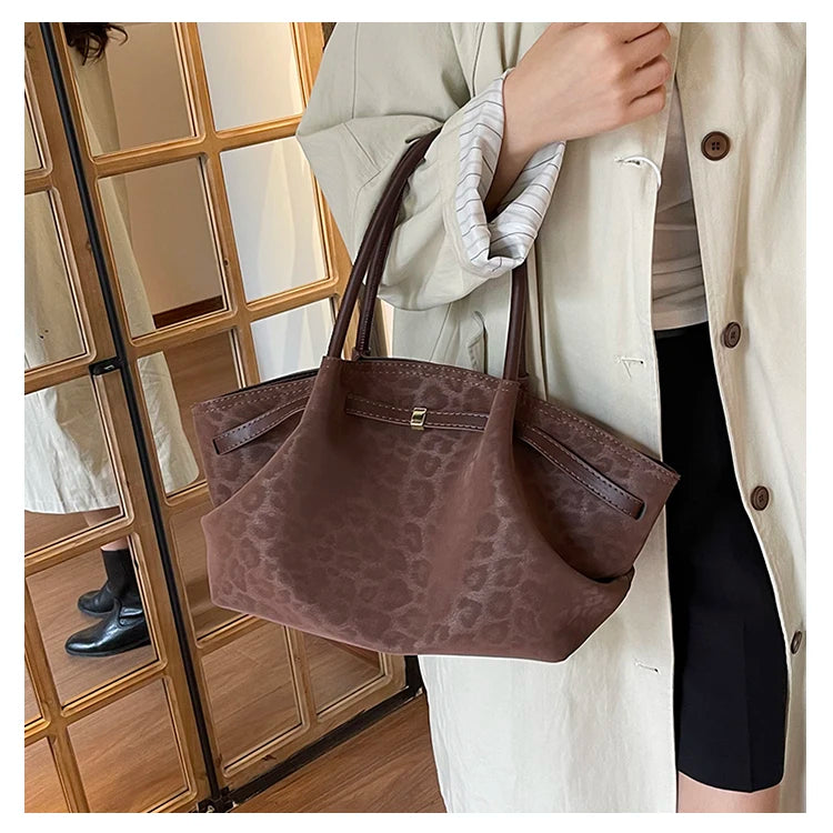 2025 Leopard Print Suede Women Tote Bag with Inner Pocket Underarm Bag Large Capacity Satchel Bag for Work Travel Purses Handbag