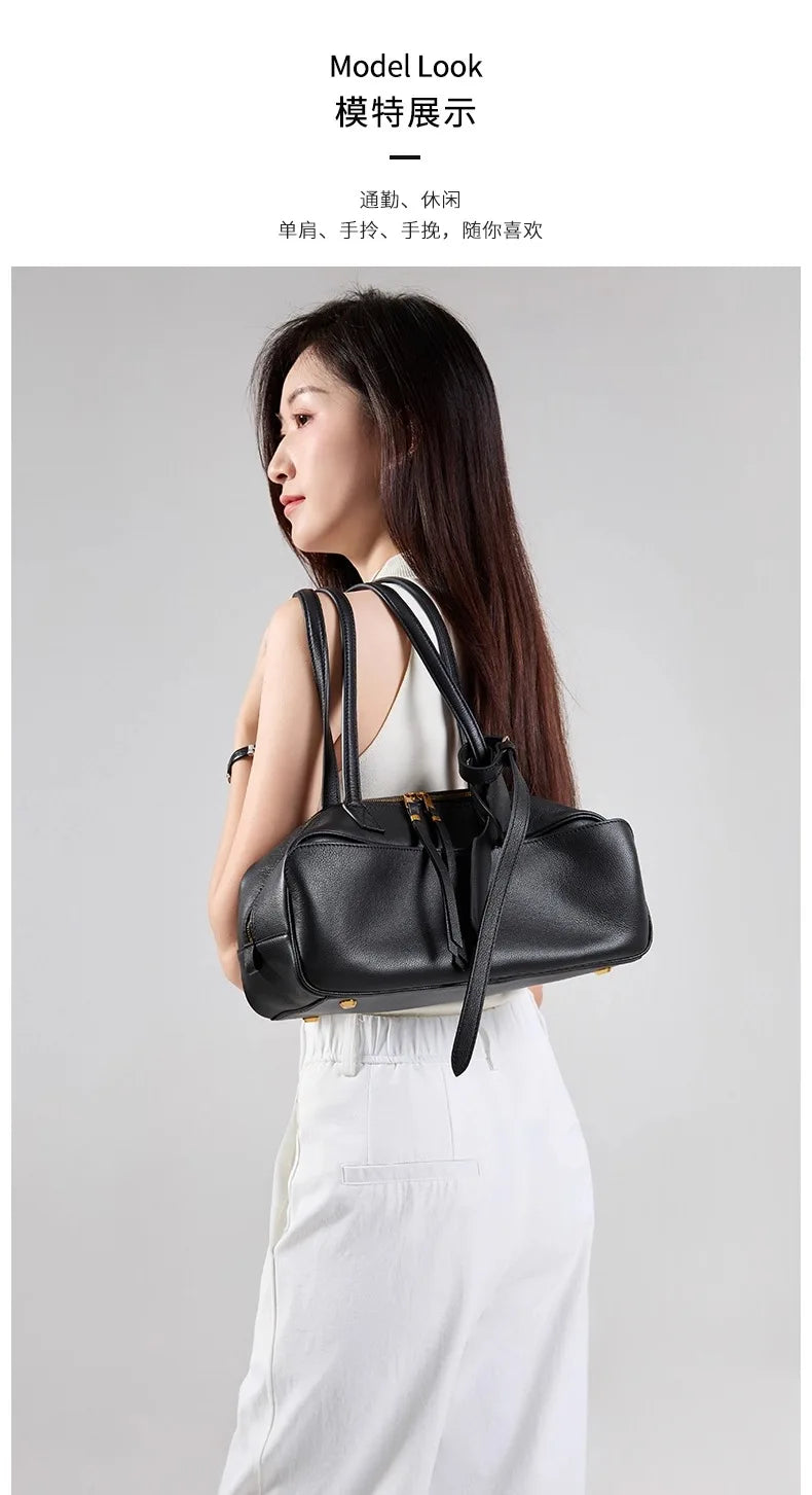 High Version Genuine Leather Pillow Bag for Women 2026 New All-Match Large Capacity First Layer Cowhide Bowling Bag for Women