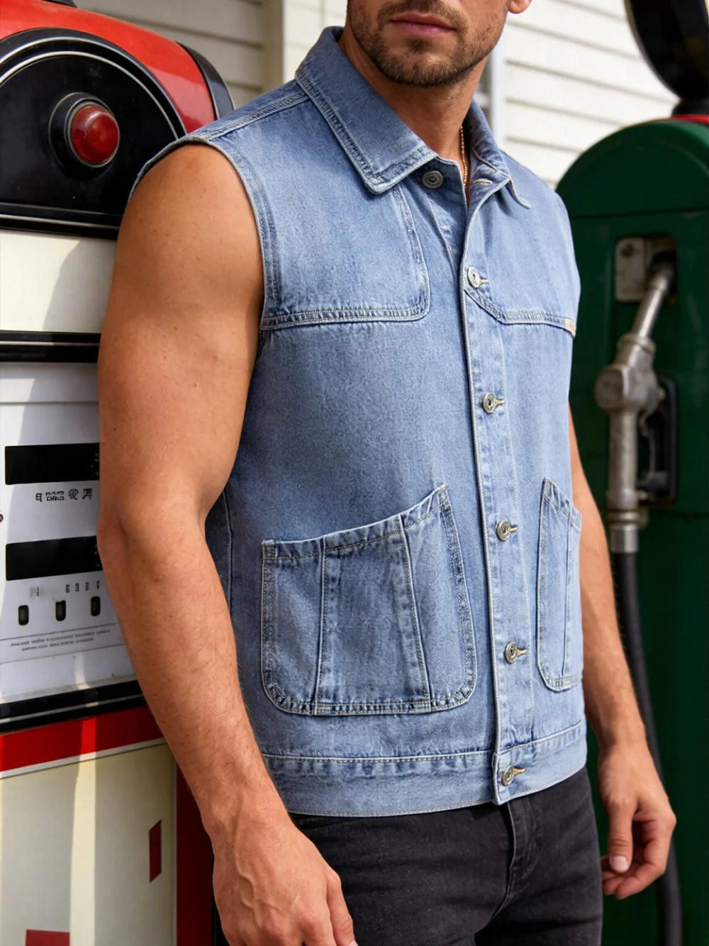 Vintage washed denim vest for men spring and autumn loose workwear sleeveless vest street style versatile layering jacket