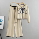 Autumn Women’s Elegant 2-Piece Pleated Set – Knit Bowknot Top & Wide Leg Pants