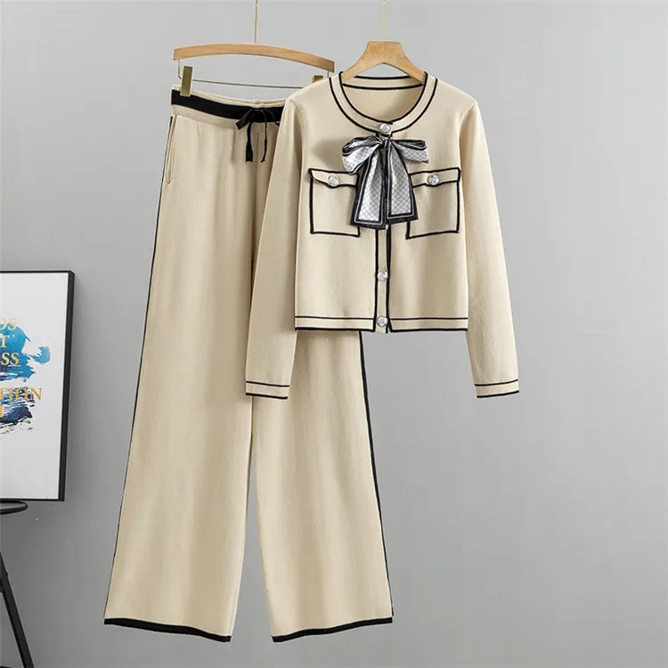 Autumn Women’s Elegant 2-Piece Pleated Set – Knit Bowknot Top & Wide Leg Pants