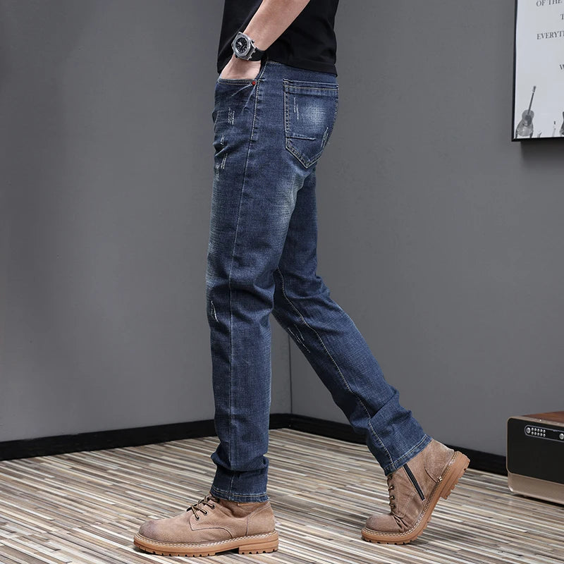 Embroidered Jeans Men's Autumn Winter New Korean Fashion Slim Little Feet Trousers Stretch Vintage Street Denim Trousers Male