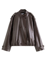 FSLE【Premium Series】Women's Oversize Short Trench Coat Brown Faux Leather Belted Jacket Grey Windbreaker Y2K Retro Outerwear