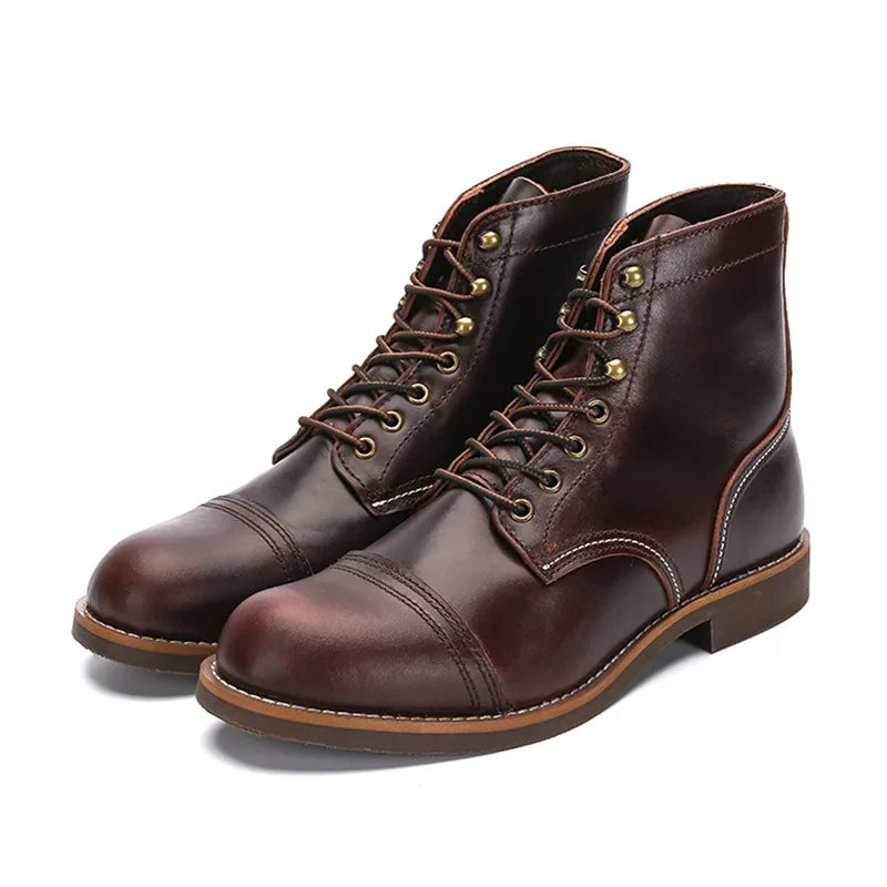 KOWM Hiking shoes men's walking boots British cowhide high top motorcycle boots ankle casual sneakers trekking shoes thick soled