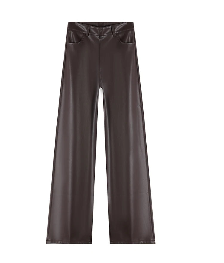 Women's High Waist Faux Leather Wide Leg Fleece Pants