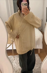 Chic V-neck Knitted Lace-up Women Cardigan Elegant Solid Full Sleeve Loose Cropped Sweater 2026 Lady Commute Office Cardigans