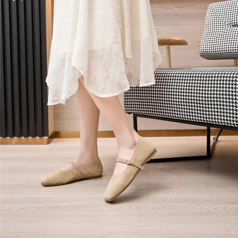 AIYUQI Women's Genuine Leather Square-Toe Ballet Flats