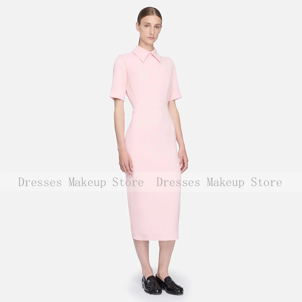 Customized Pink Cocktail Dress Short Sleeves Point Collar Modern Party Gowns Midi Tea Length Simple Women's Formal Dresses 2026