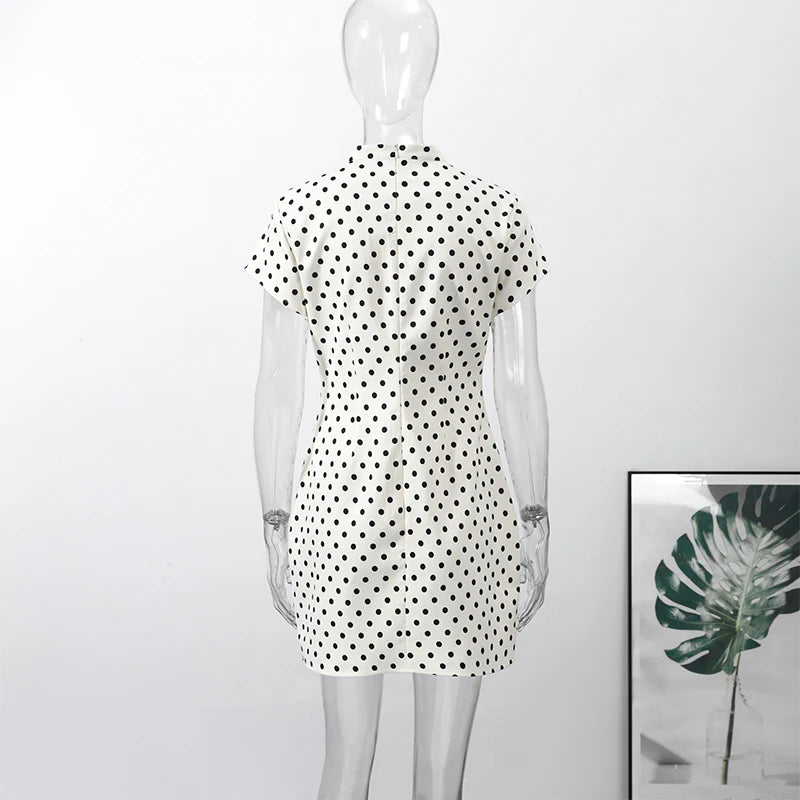 Fashion Polka Dot Mini Dress For Women Elegant Bow Tie Neck Short Sleeve Waist Slim Dress Lady 2026 Spring Summer Chic Vestidos