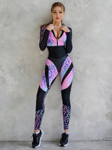 Sporty Patchwork Zip-Up Jumpsuit - Letter Print Slim Fit