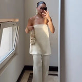 HXAO Satin Pant Sets Women's Two Pieces Set Strapless Off Shoulder Tube Vest 2 Piece Sets Woman Outfit High Waist Trousers Sets