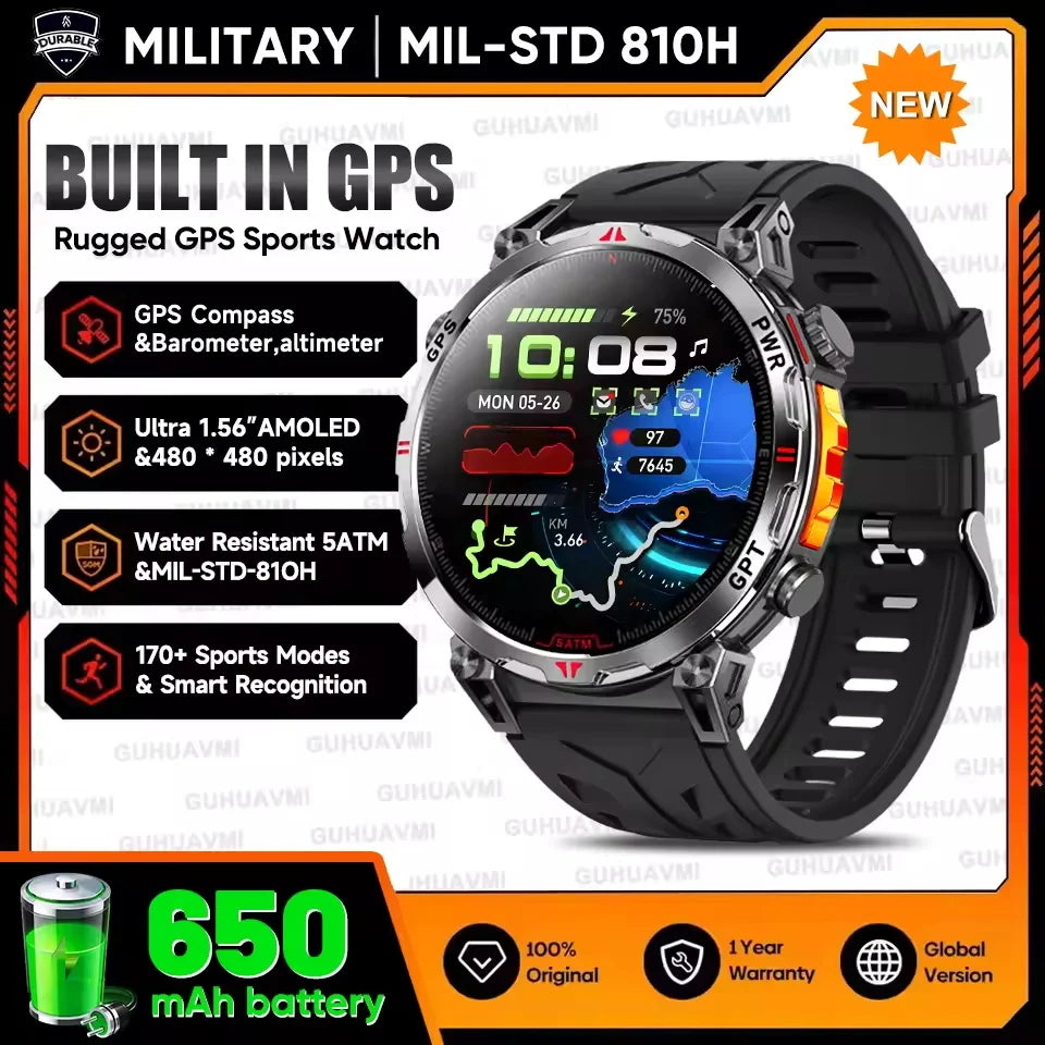 New Upgrade GPS Outdoor Sports SmartWatch Men With 5ATM Swim Compass Altimeter 1.56" AMOLED Heart Rate Bluetooth Call Smartwatch