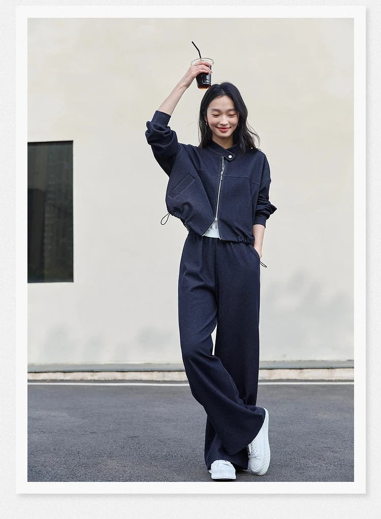 VIMLY 2 Piece Pant Set Woman Casual Outfits Women's Pant Suit 2026 Blue Stand-up Collar Jacket and Trouser Female Clothing A0119